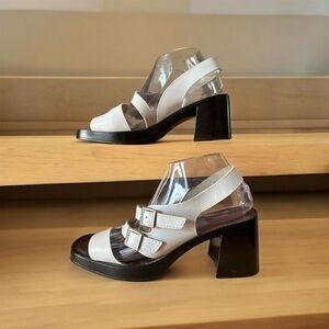 The Leather Collection Women's White Slingback Sandals 3in Blocked Heel Buckle